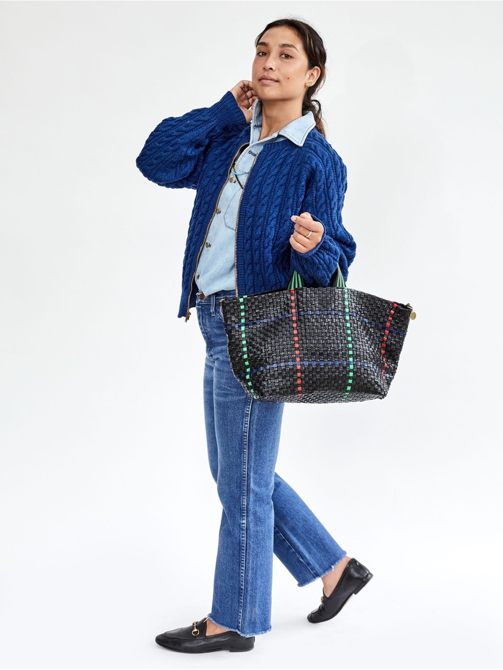 Clare V. Black Woven Leather Shoulder Bag with Red, Blue & Green Accents - Picture 4 of 4